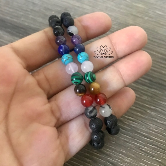 7 Chakra Stretch Bracelet Gemstones & Lava Rocks - Picture 5 of 8